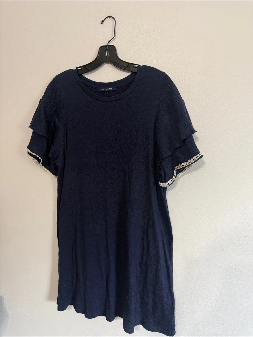 Bluheaven Muslin Navy Ruffle Sleeve A-Line Dress